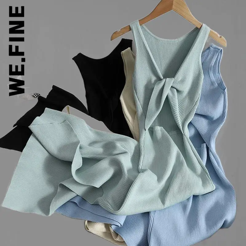 

We.Fine Women Dress New Split Fork V Neck Sleeveless Long Dress Elegant Chic Ladies Dress Leisure Vocation Style Female Dresses