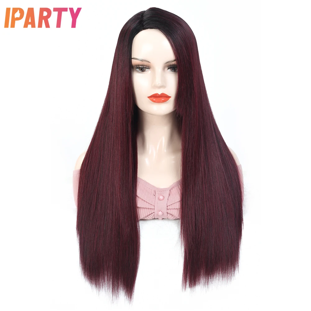 

Iparty 26 Inches White Women's Synthetic Machine Wig Side Part Ombre Red Wine Long Straight Wig Heat Resistant Multi Color Daily