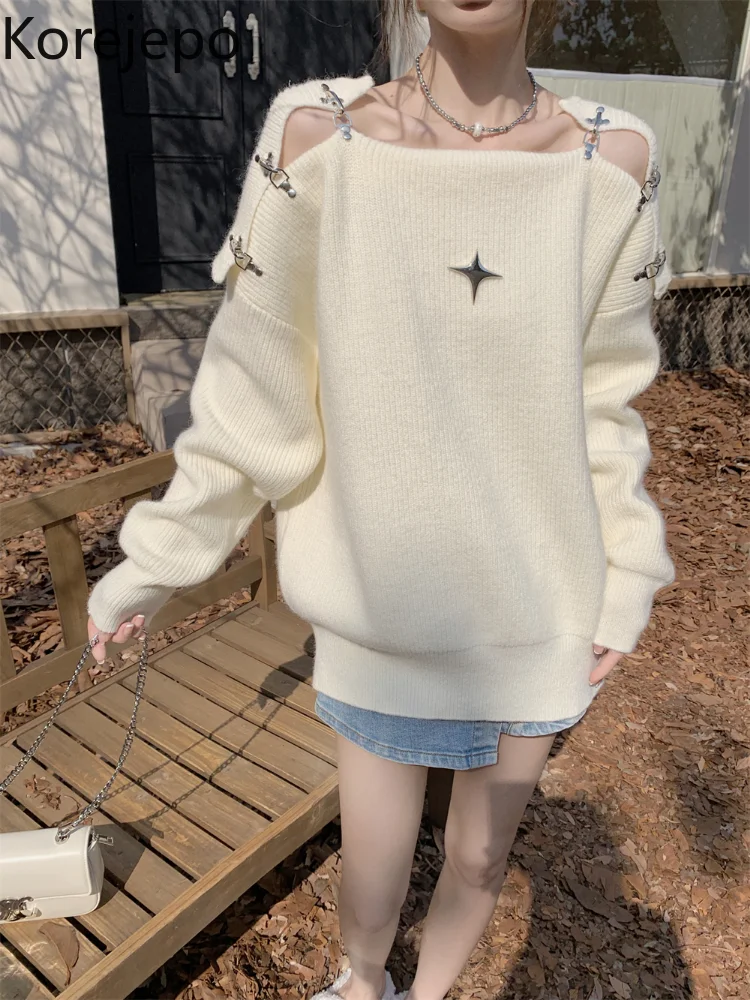 

Свитер с открытыми плечами Korean Girl Осень-Зима Популярные свободные свитера Топ 2022 новый уличный вязаный сексуальный пуловер