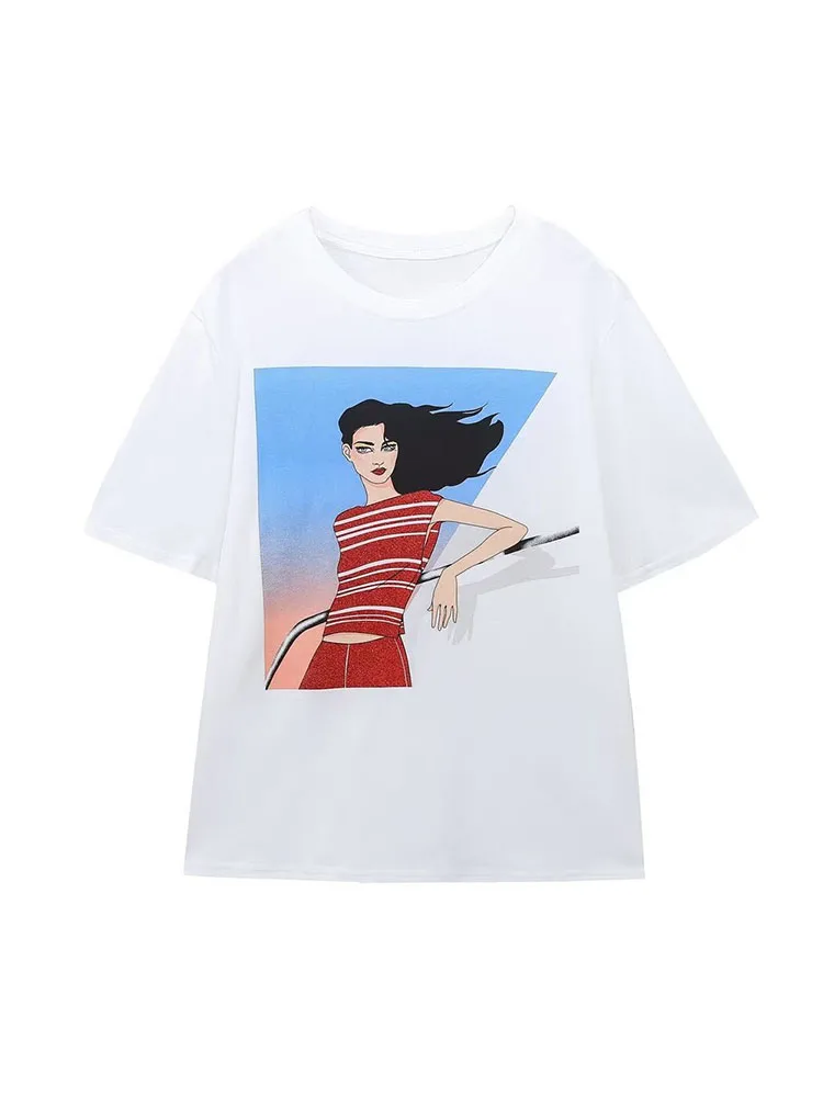 

BSK&ZA&TRF Women Basic Tee Shirt Casual O-Neck Short Sleeve Female Cotton Tee Print T-Shirt Streetwear Lady Tshirt Tops 5644/067