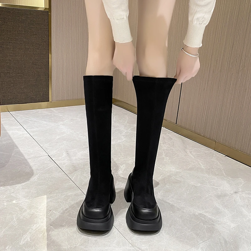 2023 British School Tight Boots Square Toe Platform Thick Heels Flocking Convenient Thigh High Boots Boots Women