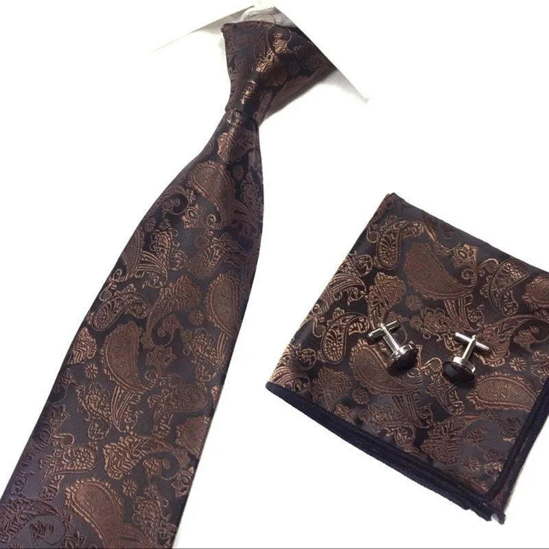 

2/1sets Coffee Men Ties 8cm Plaid Dot Striped Business Necktie Handkerchief Wedding Party Tie Set