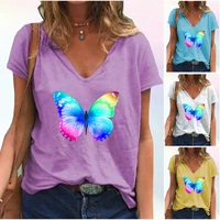 women v collar top butterfly print tops summer fashion short sleeve tee shirt pullover loose blouses ladies casual t shirt