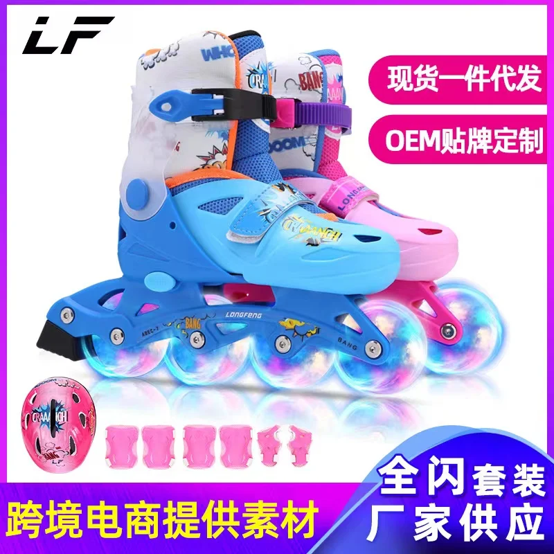 Pink and Blue Kids Roller Skates Shoes Adjustable Beginners Girls Boys Inline Roller Skating Sneaker 4 Flash Wheels Gifts