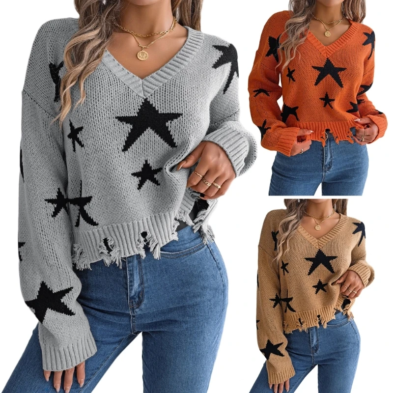 

Women Casual Knitwear Pullover Sweater V-Neck Loose Long Sleeve Knit Jumper Tops drop shipping