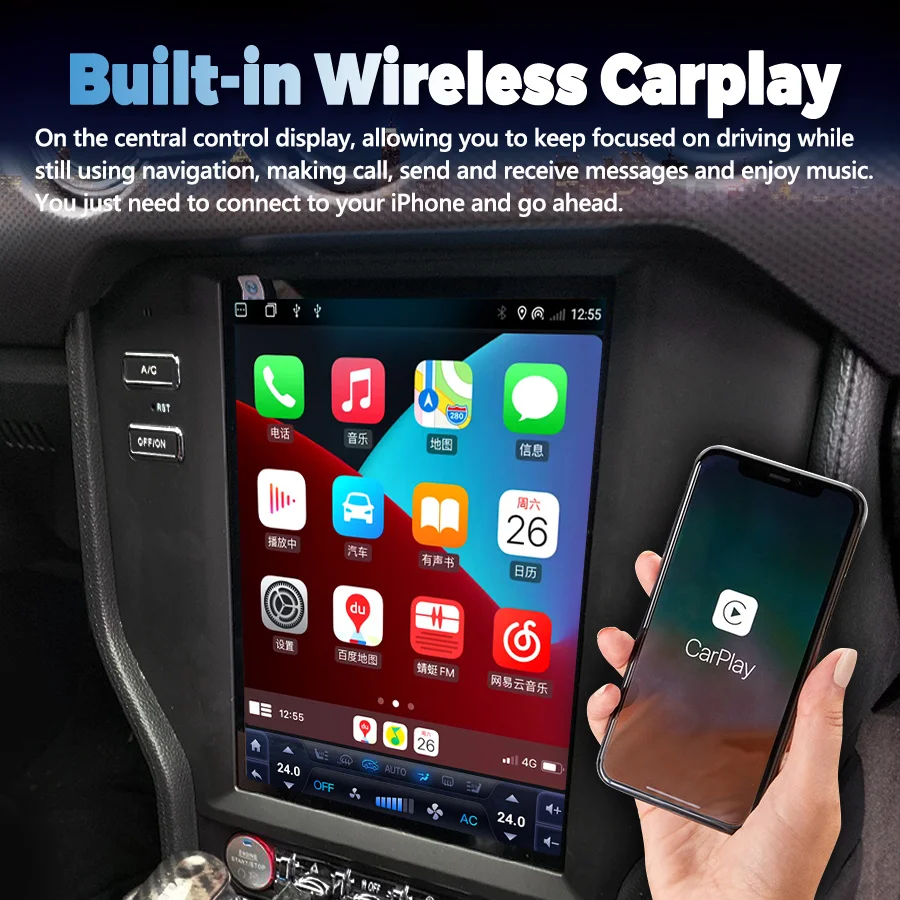 Автомагнитола 10 4 дюймов Android 13 автомобильный Carplay стерео экран Tesla для Ford Mustang
