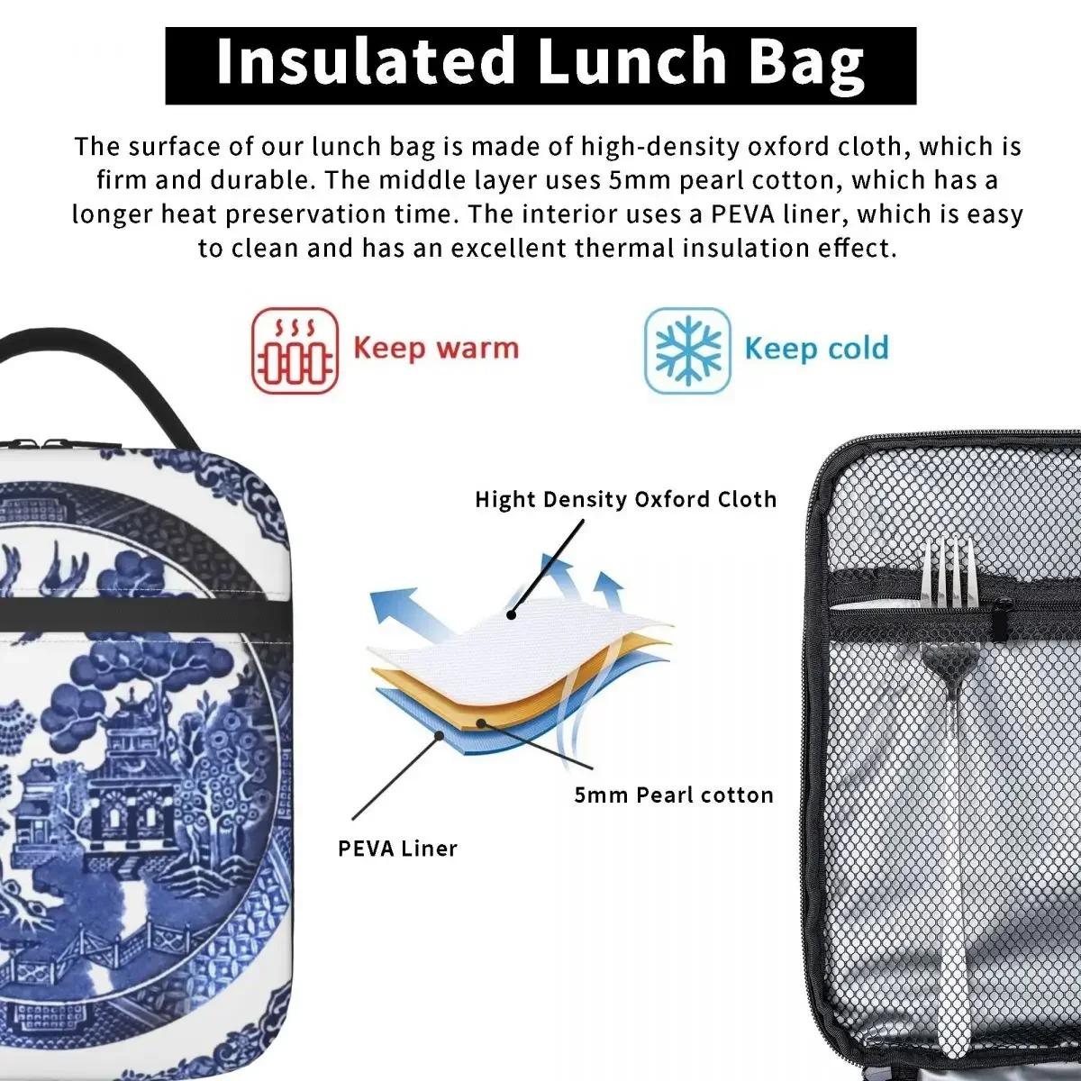 Изготовленная на заказ сумка для ланча из синей ивы Женский холодильник теплая