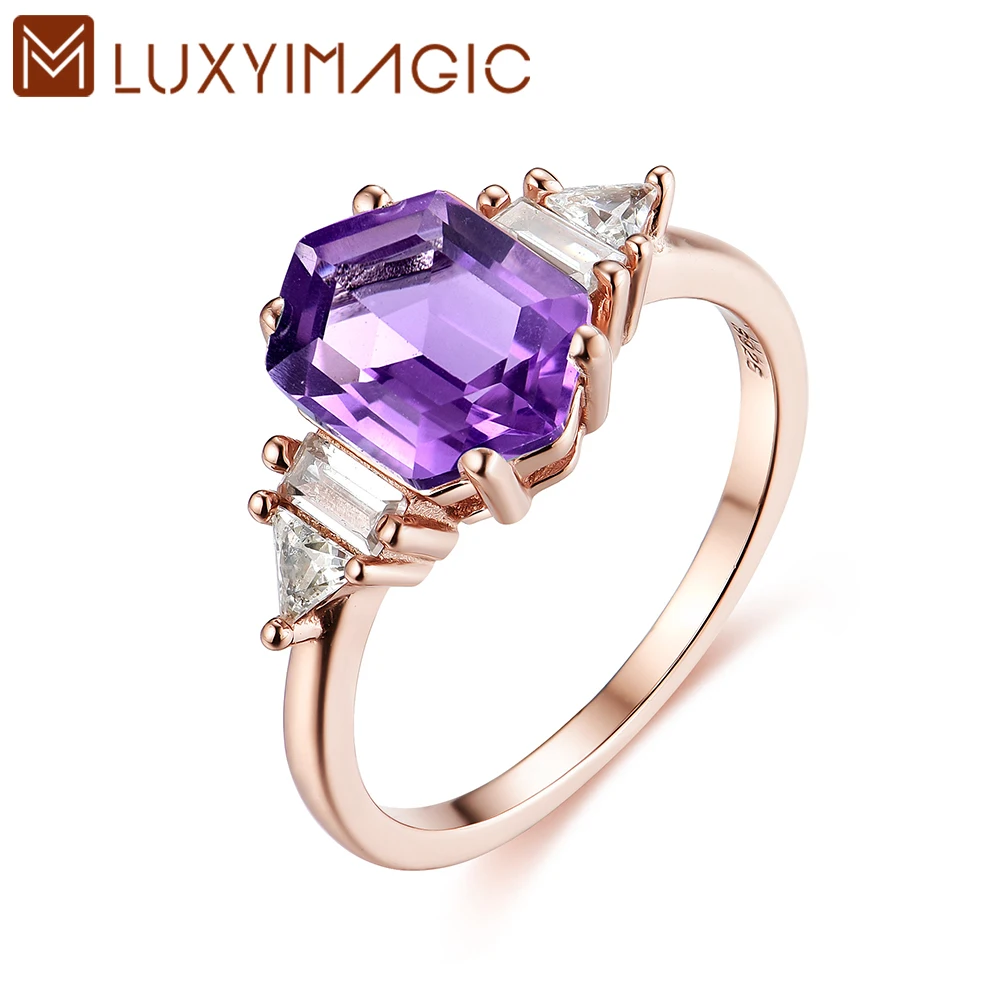 

Luxyimagic Natural Amethyst Rings for Women 925 Silver Fine Jewelry Hexagon Rose Quartz Gemstone Wedding Engagement Gift for Her