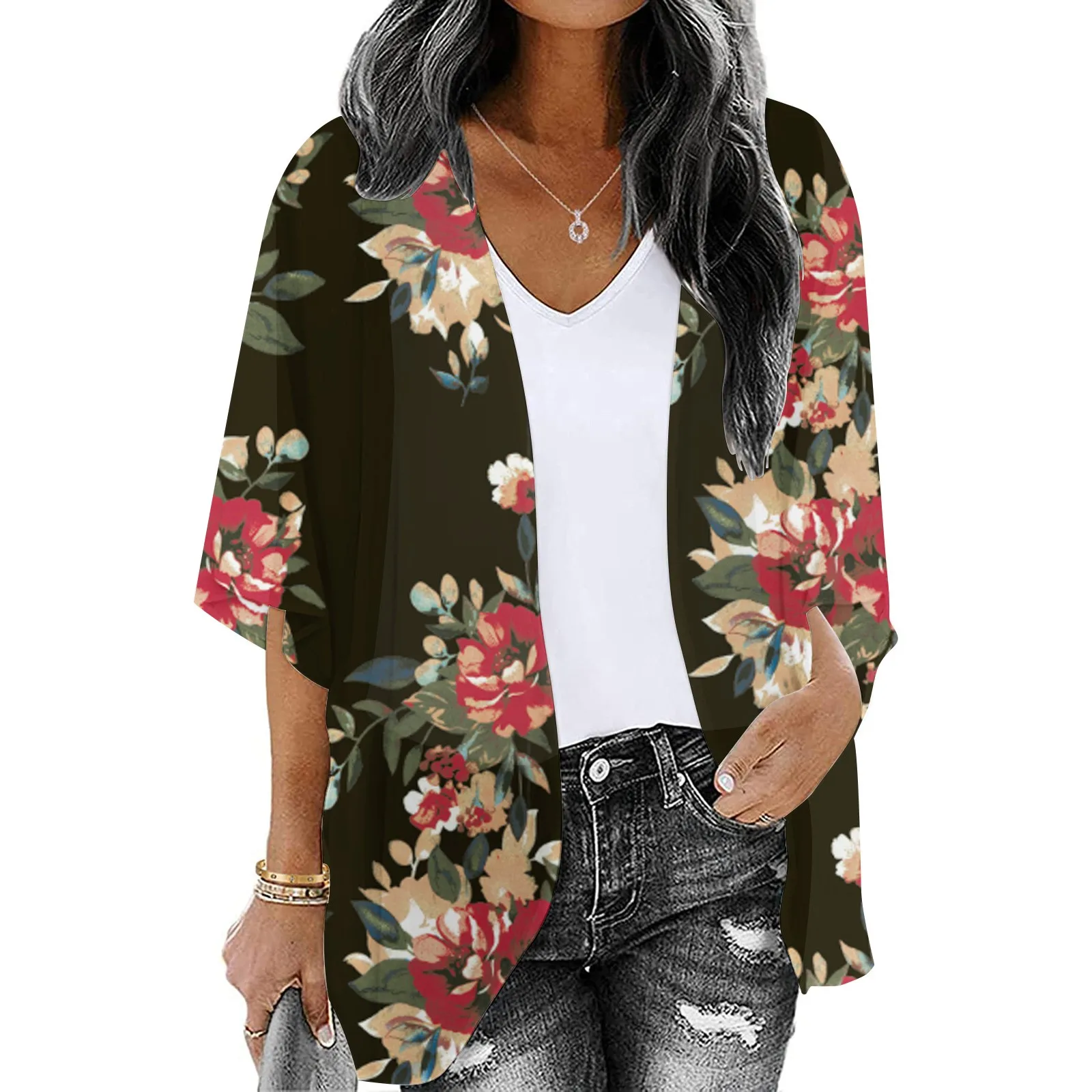 

Summer Womens Floral Printed Puff Sleeve Chiffon Kimono Cardigan Blusas Overshirt Pullovers 3D Print Camisa Button Blouses