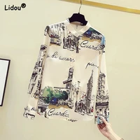 chiffon thin letter print long sleeve blouses vintage straight button turn down collar comfortable loose shirt womens clothing