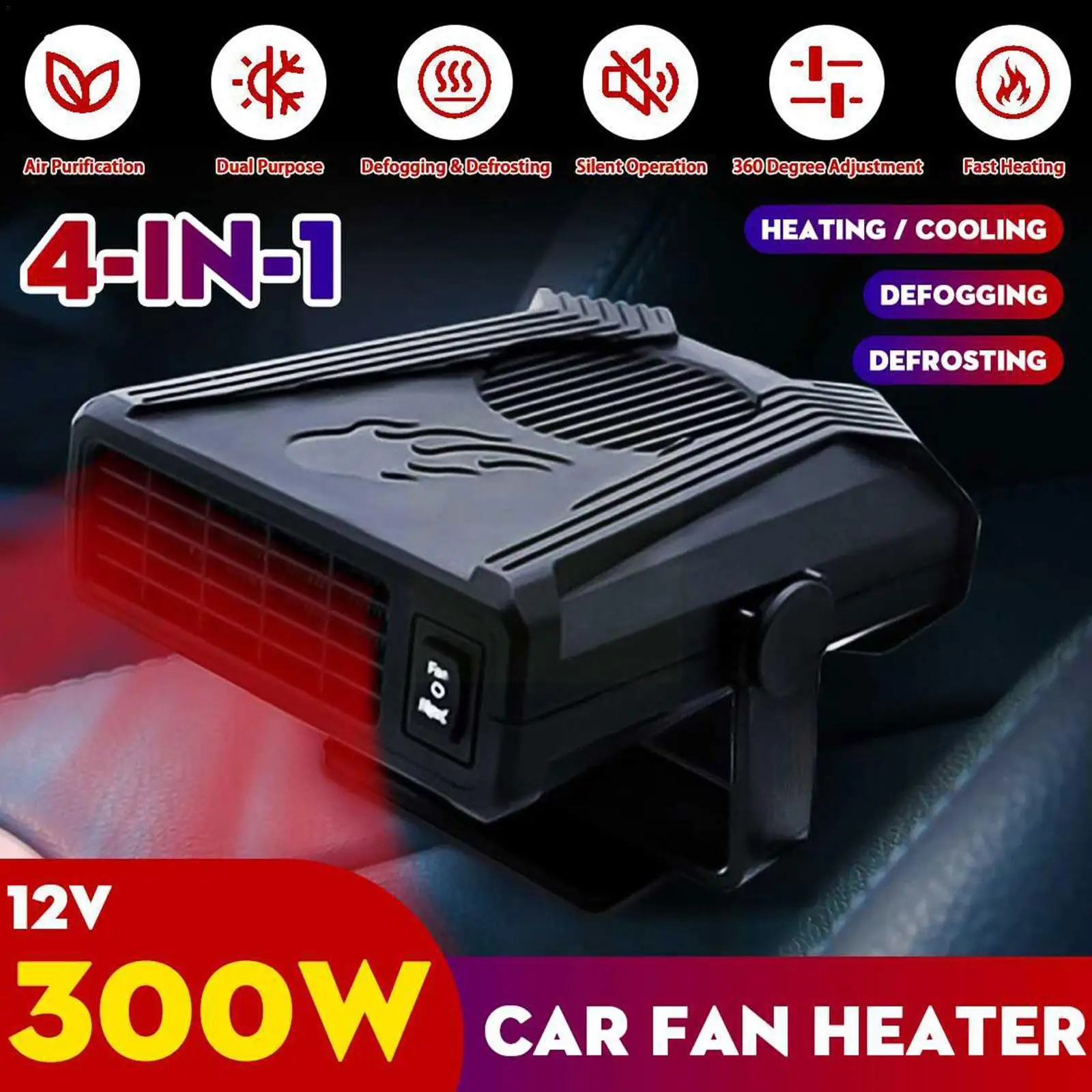 

4 IN 1 300W 12V/24V Car Heater Potable Auto Heater Heater Defogging Ventilation Electric Fan Defrost Defroster Windscreen
