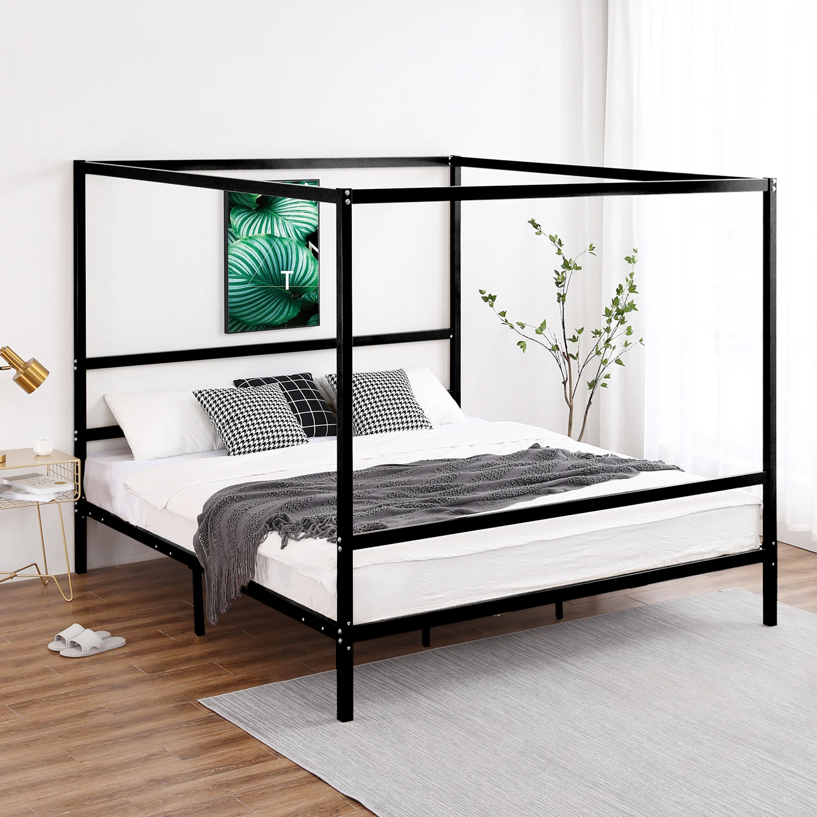 [Flash Sale]King/Queen Square Tube Mosquito Net Bed Canopy Bed Black/Golden Iron Bed Frame[US-Stock]