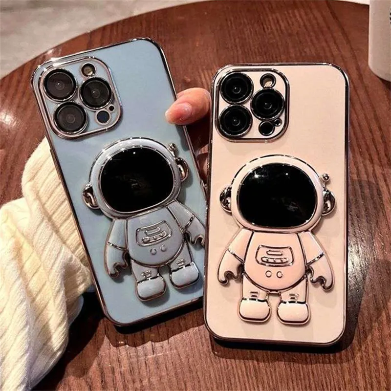 Electroplated astronaut folding stand case For iphone 11 12 13 14 Pro Max x xr xs max 7plus lens Camera protector silicone cover