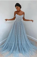 strapless prom dress long 2022 princess crystal sparkly sequin sleeveless a line women sky blue cocktail party gowns