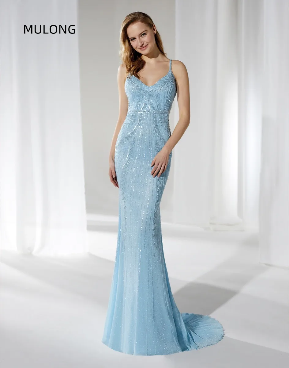 

MULONG Luxury Beads Dubai Sky Blue Evening Dresses Spaghetti Sexy 2023 New Arabic Women Mermaid Wedding Party Prom Dress