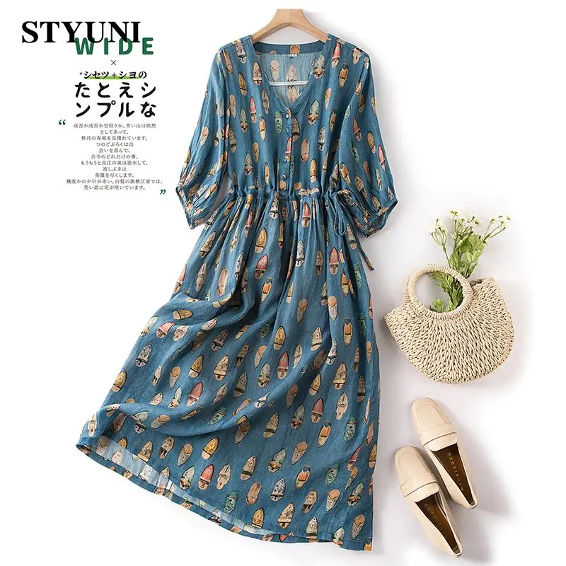 

Blue Print Casual Thin Elastic Waist Lace Up V-Neck Women's Dress Korean Fashion Three Quarter Sleeve Mid-Calf Dresses For Women