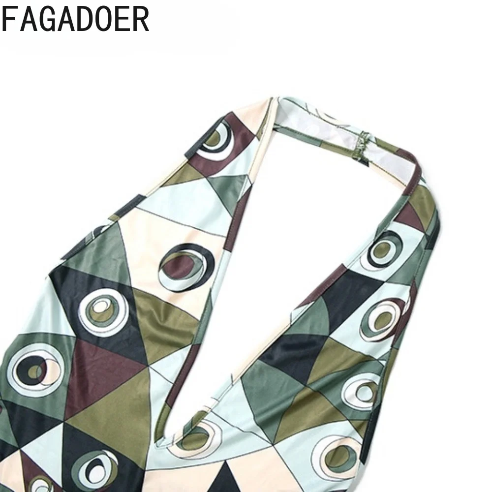 Модный комбинезон FAGADOER с абстрактным геометрическим принтом и пэчворком, сексуальный, с глубоким V-образным вырезом, открытыми плечами, на бретелях, облегающий, для уличной моды и клубов (art.: 3920db2980cfa) - 3920db2980cfa