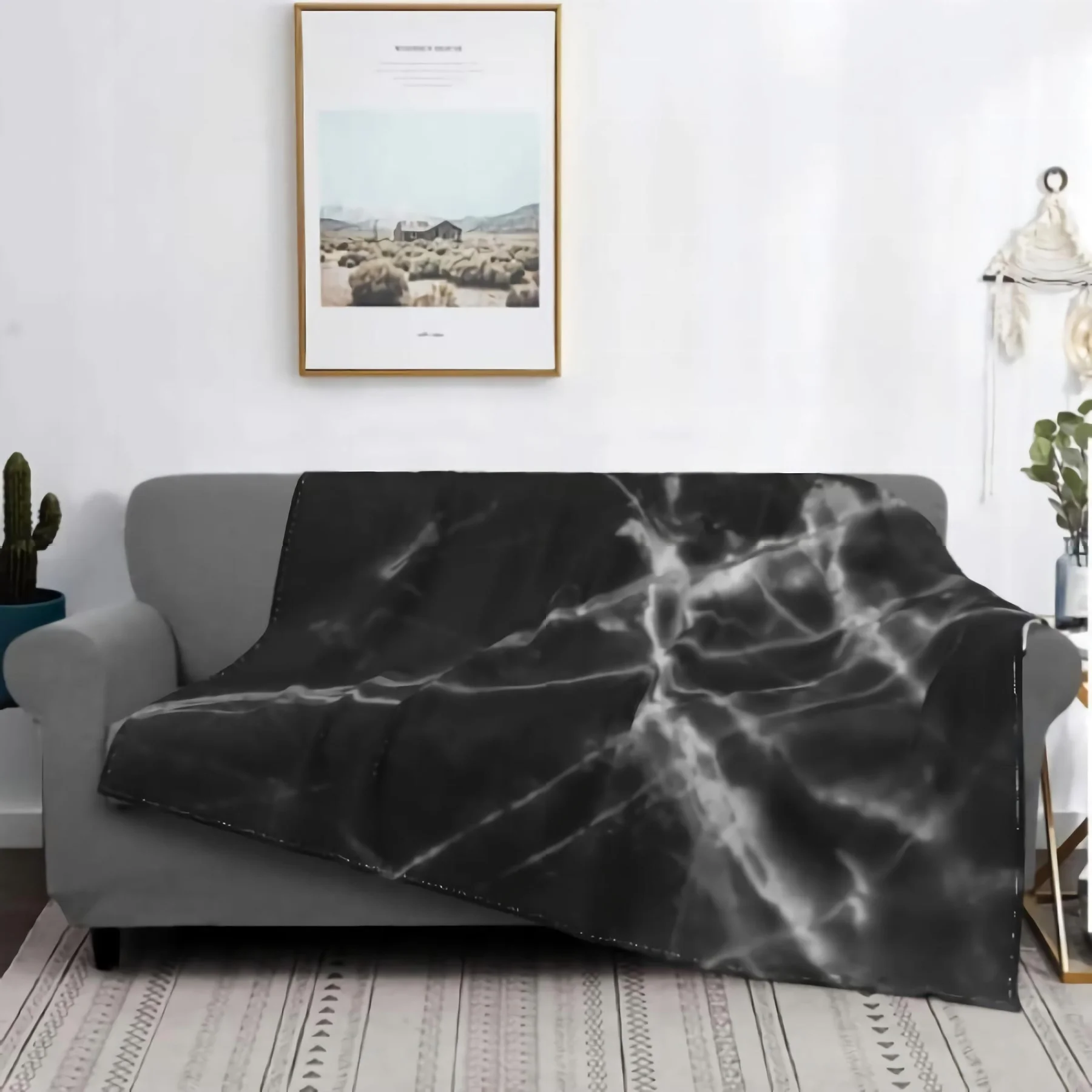 

Comfort Velvet Super Soft Black Marble Prints Blanket Home Décor Warm Throws for Winter Bedding Couch and Gift 80x60inch
