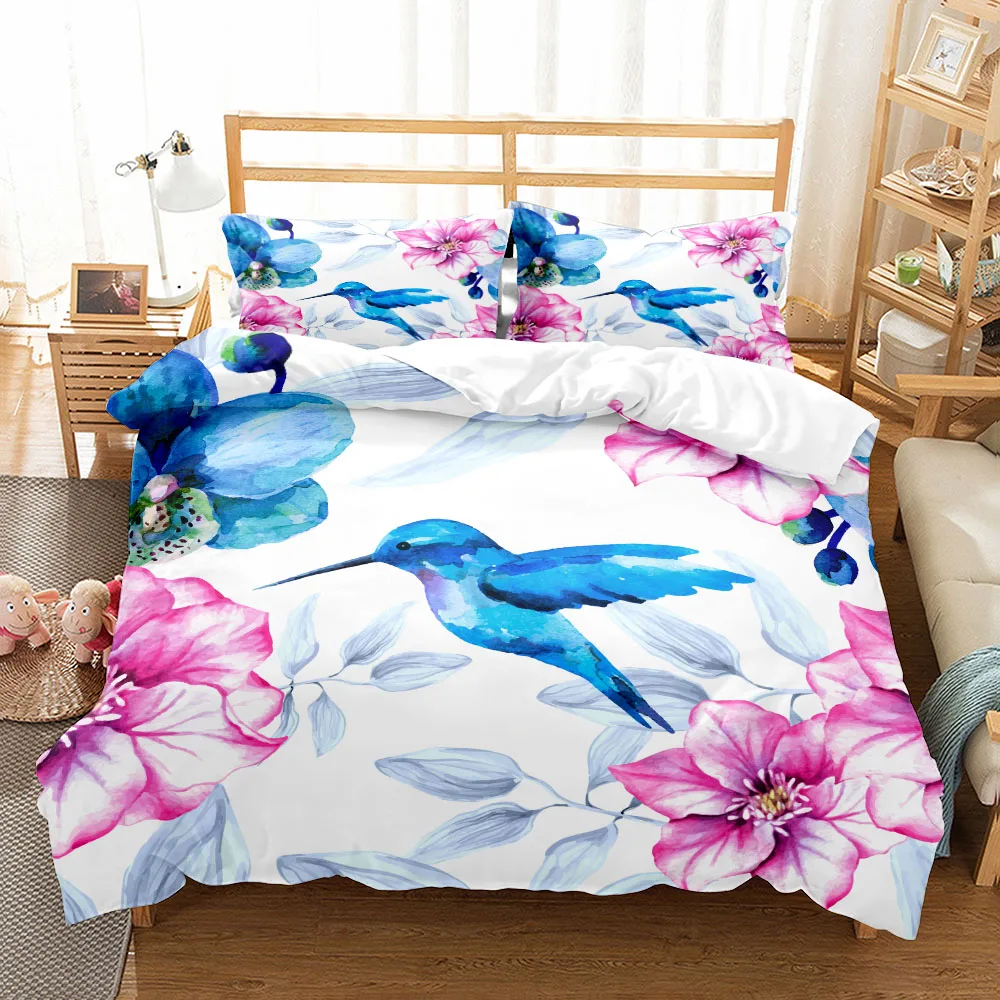 

Tropical Birds Duvet Cover Watercolor Twin Bedclothes Exotic Wildlife White Abstract Polyester Qulit Cover Hummingbird Flowers