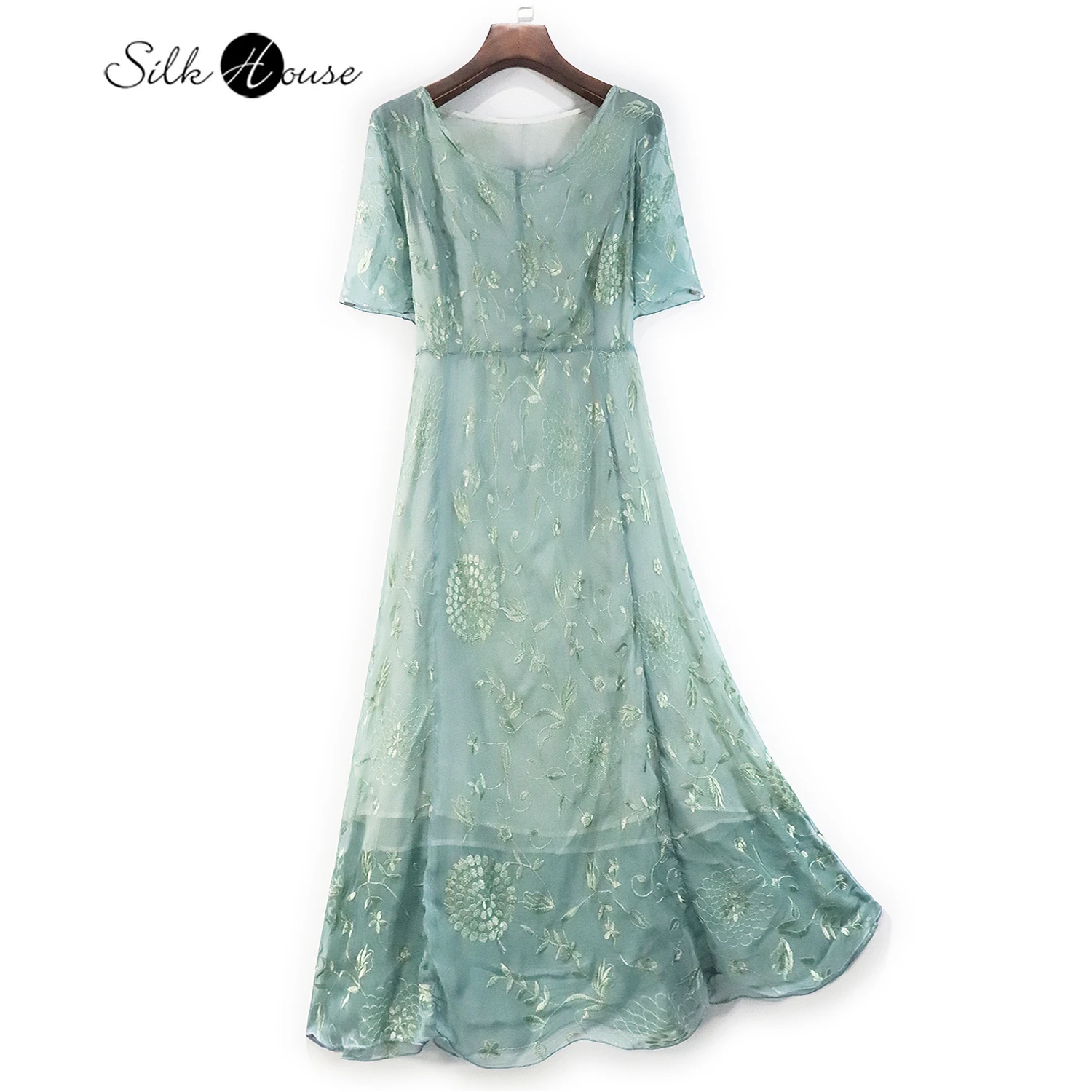 

Heavy Industry Light Blue Embroidered Dress Mulberry Silk Short Sleeve Round Neck Double Layer 2022 Summe Women's New Style