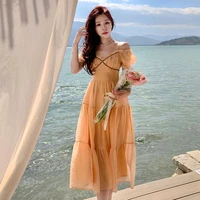 2022 summer womens french retro long suspender dress orange one shoulder a line beach skirt temperament elegant ladies clothing