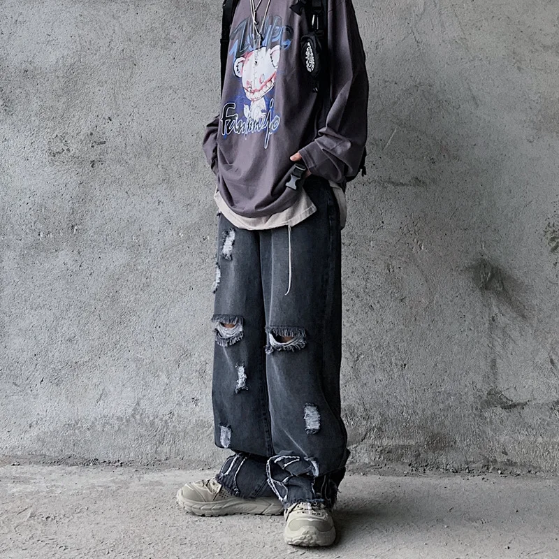 DEEPTOWN Ripped Jeans Men Hole Straight Denim Pants Loose Casual Trouers Male Fashion Streetwear Punk Hip Hop Vintage Spring