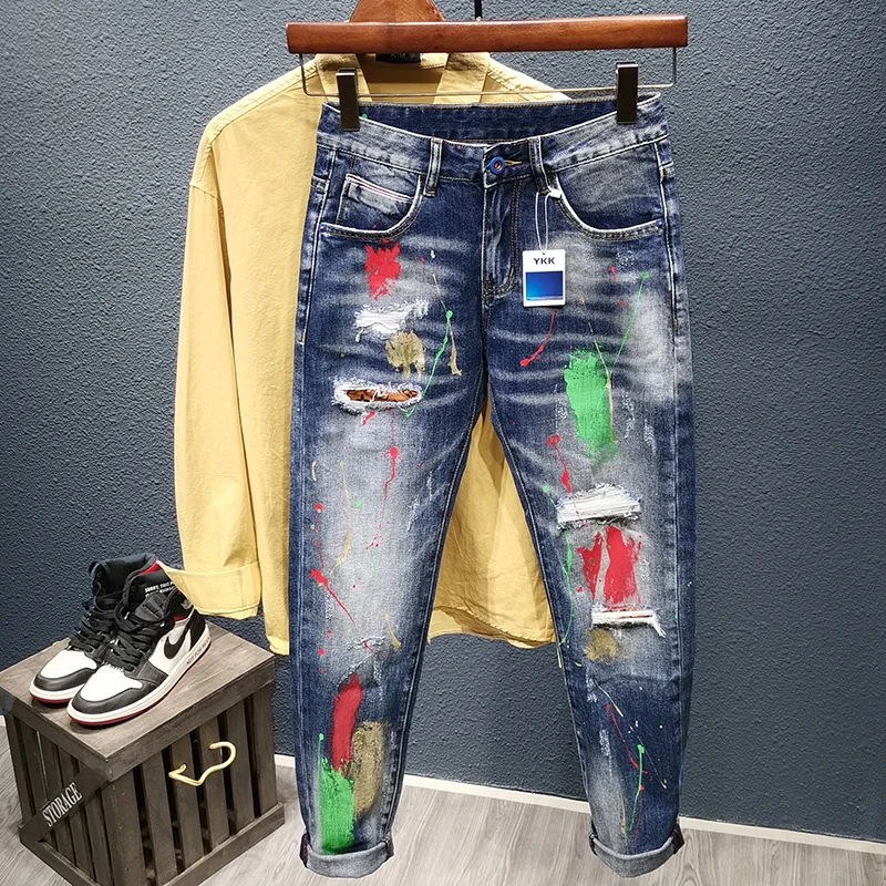

Men's Graffiti Jeans Fashion Spray Paint Ripped Hole Personality Hip-hop Streetwear Male Clothing Slim Youth Denim Trousers