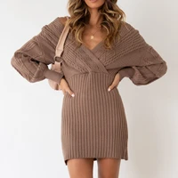 commuter dress 2022 autumn winter new v neck sexy fried dough twist medium length womens sweater hip wrap skirt