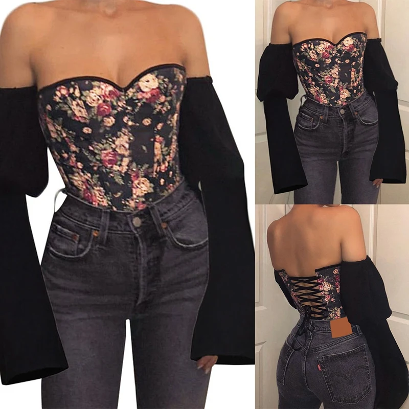

Hot Kf-Women's Fashion One-Neck Halter Lace-Up Print Denim Corset Long Sleeve Top Black