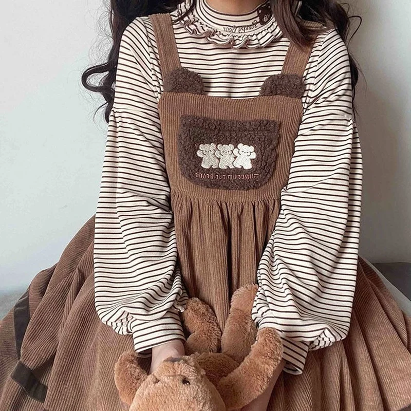 

Vintage Kawaii Lolita Dress Women Winter Japanese Sweet Bear Embroidery Plush Pocket Corduroy Strap Midi Dress Soft Girl