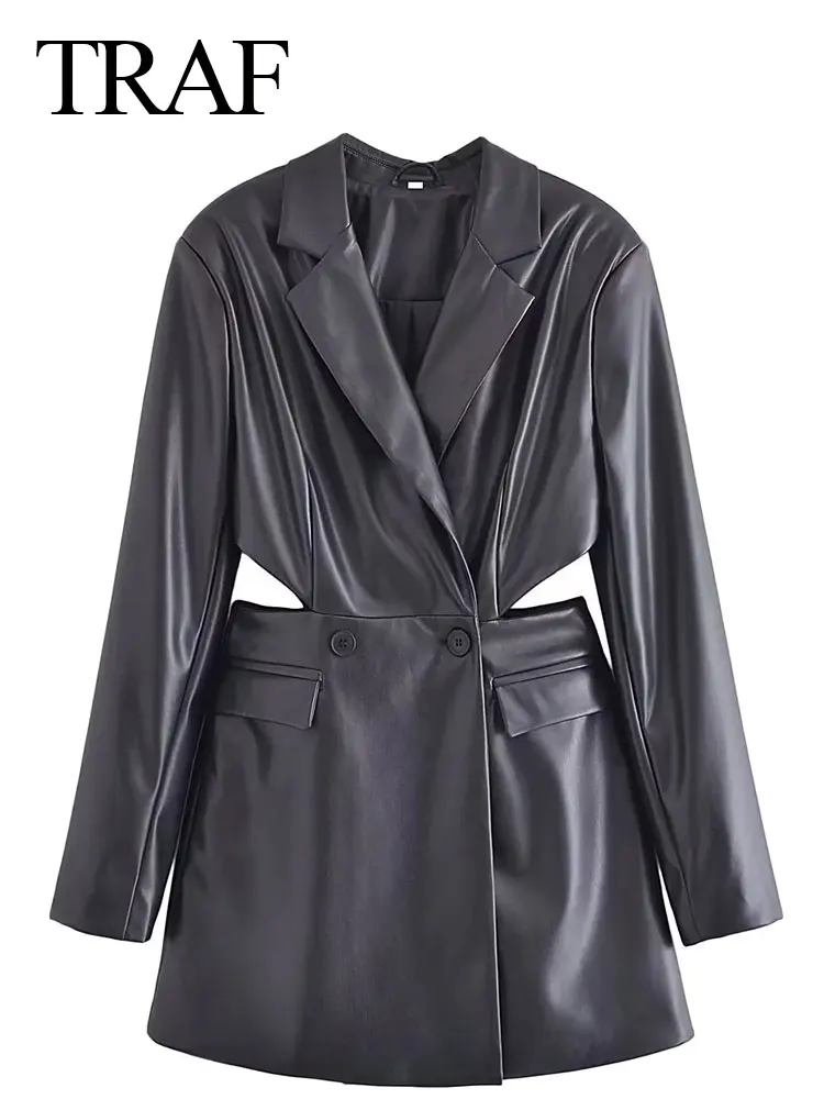 

Женский Длинный блейзер из искусственной кожи, с длинным рукавом, на пуговицах