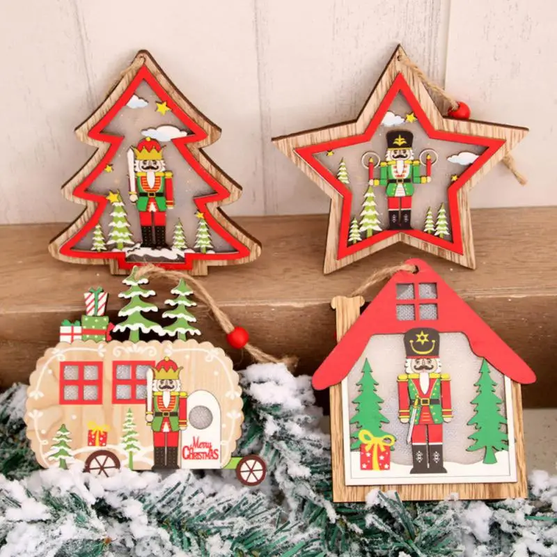 

2022 Happy New Year Christmas Wooden Ornaments Colorful Walnut Soldier Gif Tree Luminous Small Hanging Pendant Doll Hang Decor