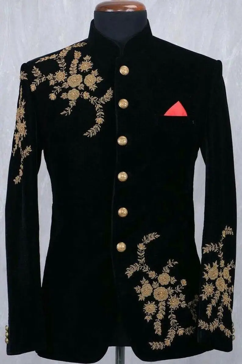 Classic Black Velvet Men Suit Blazers For Party Prom Only Jacket Gold Embroidery Groom Wedding Suits Stand Collar Mens Tuxedos