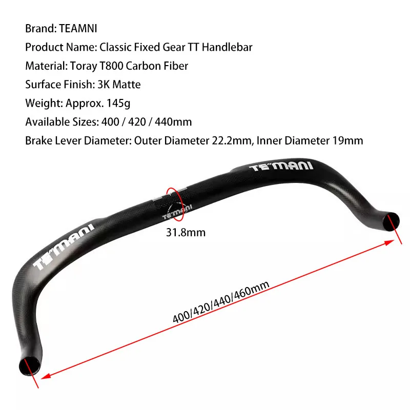 Фото Руль TEMANI Ultralight Flat Aero Carbon Bullhorn TT для шоссейных велосипедов и фикс-байков, облегченный, аэродинамический, с изогнутыми концами, запчасть для тюнинга №2