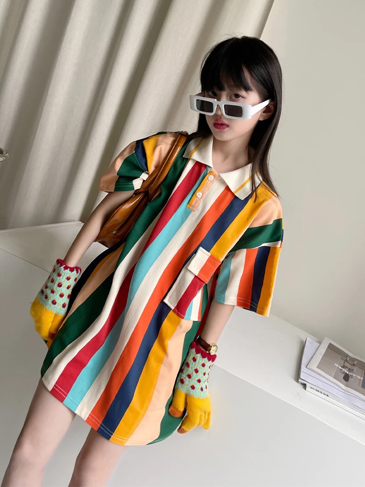 

Girl Short Sleeve Dress Summer New Stripe Print Teenage T-shirt Fashion Sports Tops Kids Dress 4-16Y Wz758