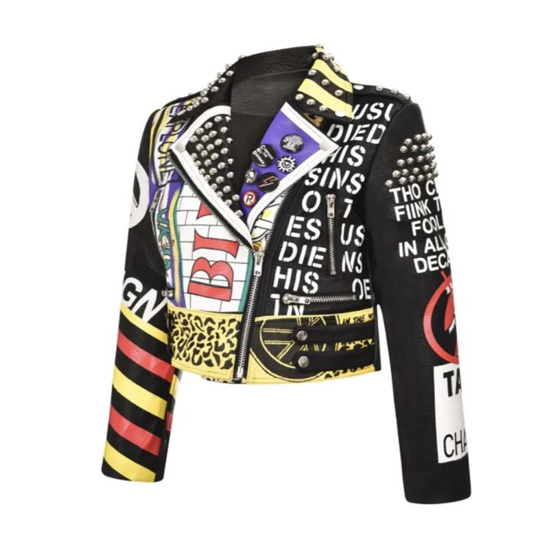 Rock leather jackets womens European American fashion print graffiti rivet machine clothes black spring autumn весенняя куртка