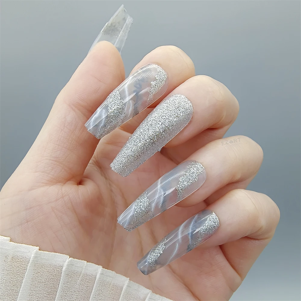 

24pcs Set Gray Silver Fake Nails Decorated with Glitter Swirls and Marble Pattern Semi Transparent Long Press On Coffin Nails