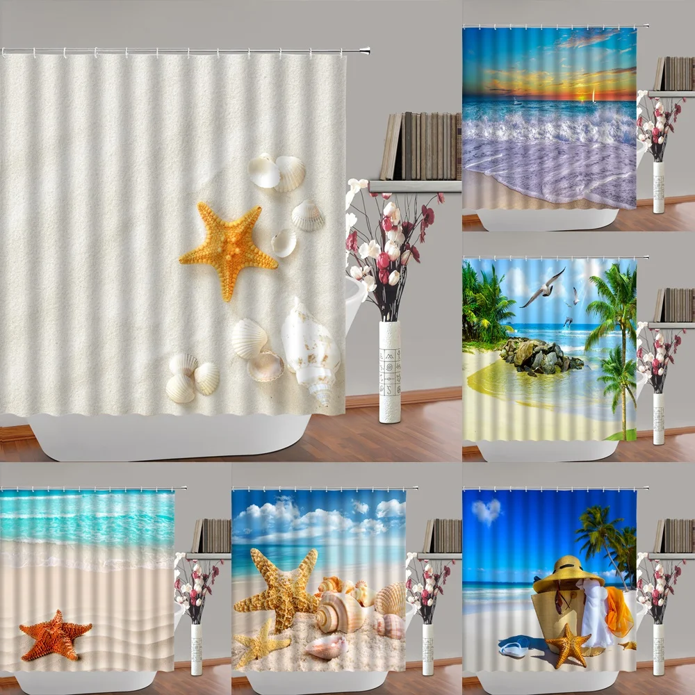 

Starfish Shell Beach Conch Shower Curtains Summer Tropical Sea Ocean Scenery Bathroom Curtain Frabic Bathtub Screen with Hooks