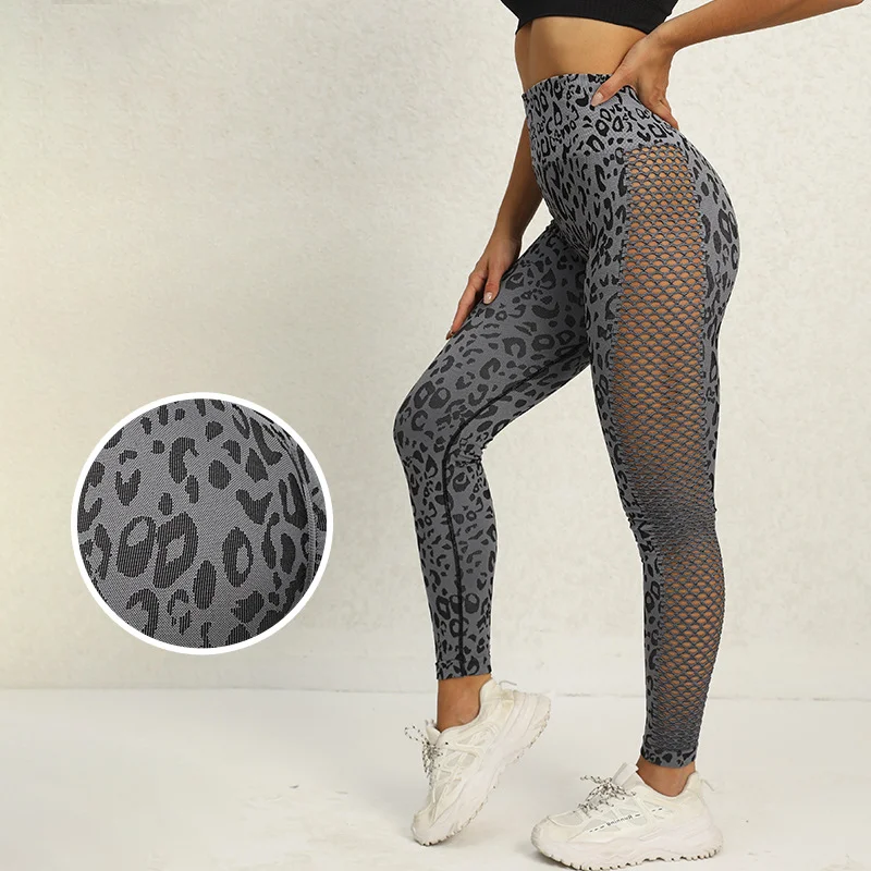Sexy Leopard Print Hollow Leggings Nightclub Tights High Waist Hip Lifting Fitness Gym Sports Pants Women Push Up Yoga Pants
