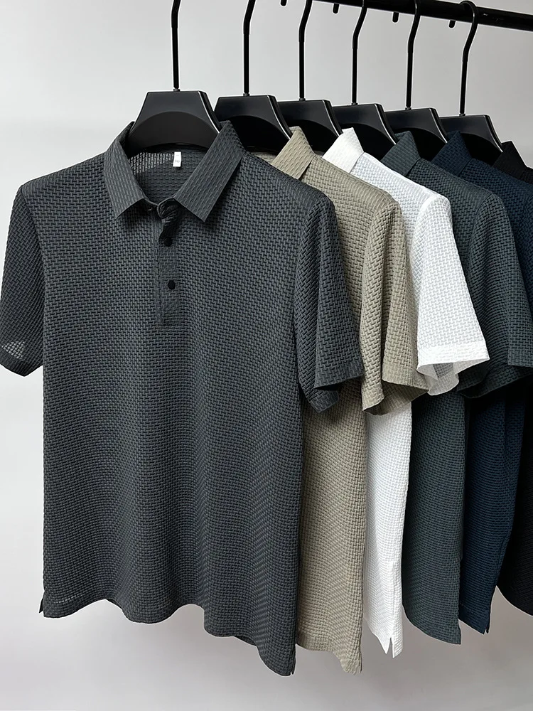 

Брендовая одежда, летняя Новинка, Мужская Легкая рубашка-поло с короткими рукавами, дышащая деловая модная мужская футболка для гольфа из ледяного шелка, 4XL