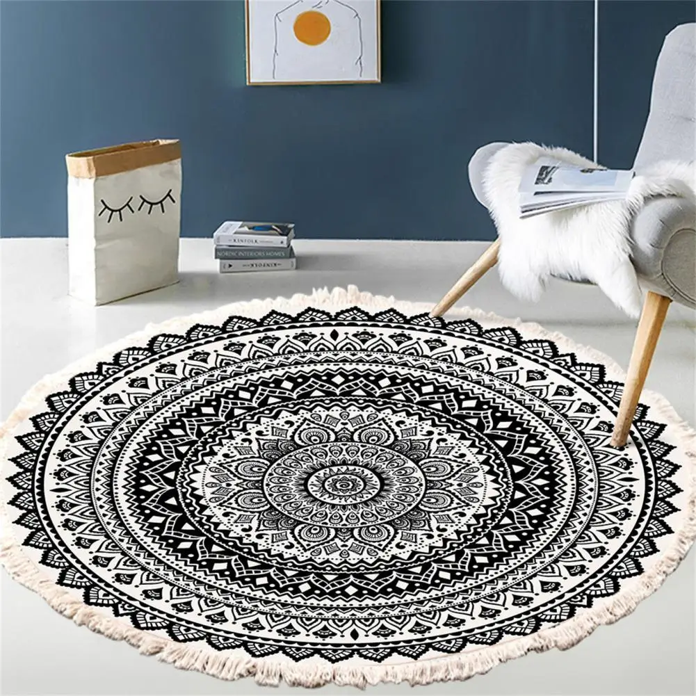 

Round Area Rug with Tassel Polyester Convenient Storage Floor Carpet for Bedroom