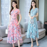 floral chiffon summer dress 2022 casual long dress korean fashion short sleeve dress female clothing beach vintage