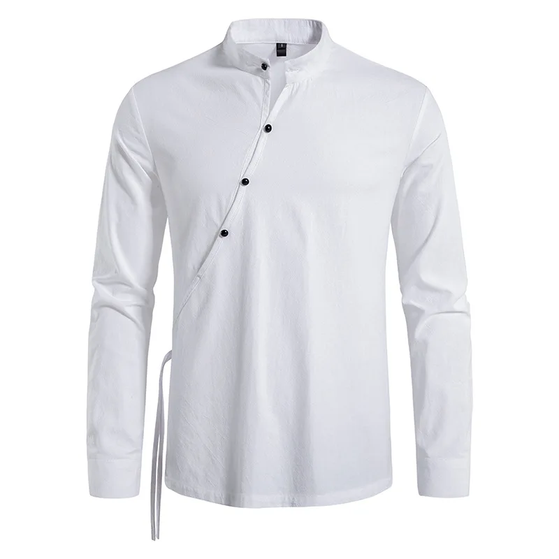 

Vintage Oblique Placket Shirts for Men Stand Collar Mens Long Sleeve Loose Yoga Shirts Comfortable Cotton Camisa Masculina White