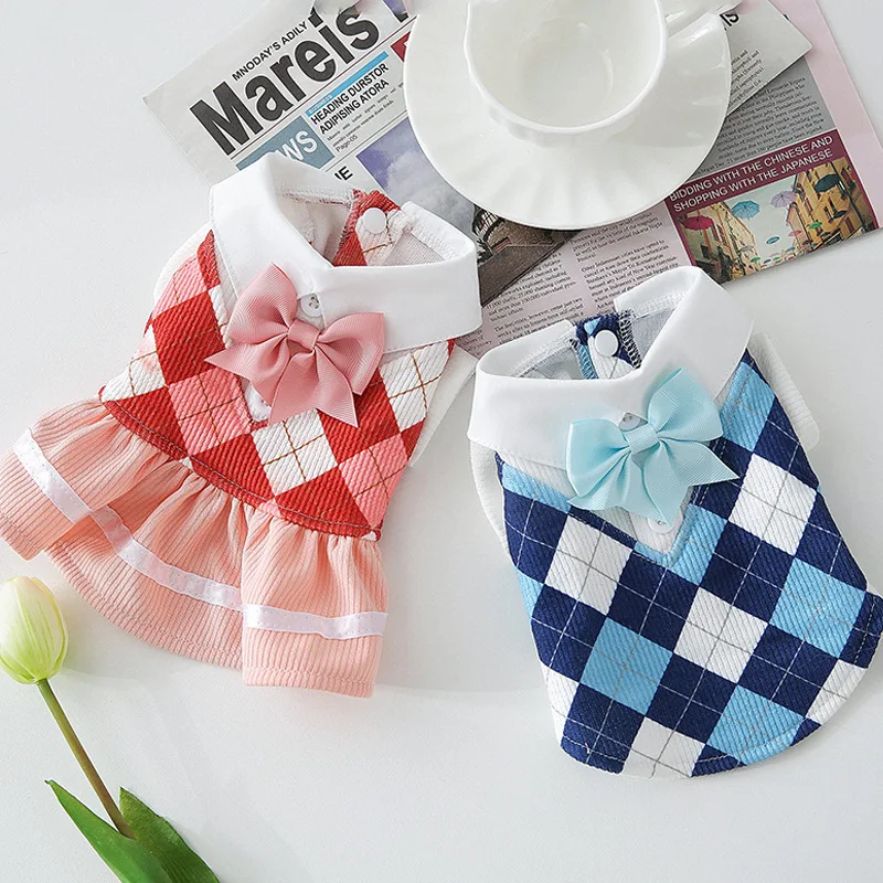 Spring Summer Pet Clothes Kitten Puppy Plaid Dress Small and Medium-sized Dog Sweet Uniform Fashion T-shirt Chihuahua Yorkshire