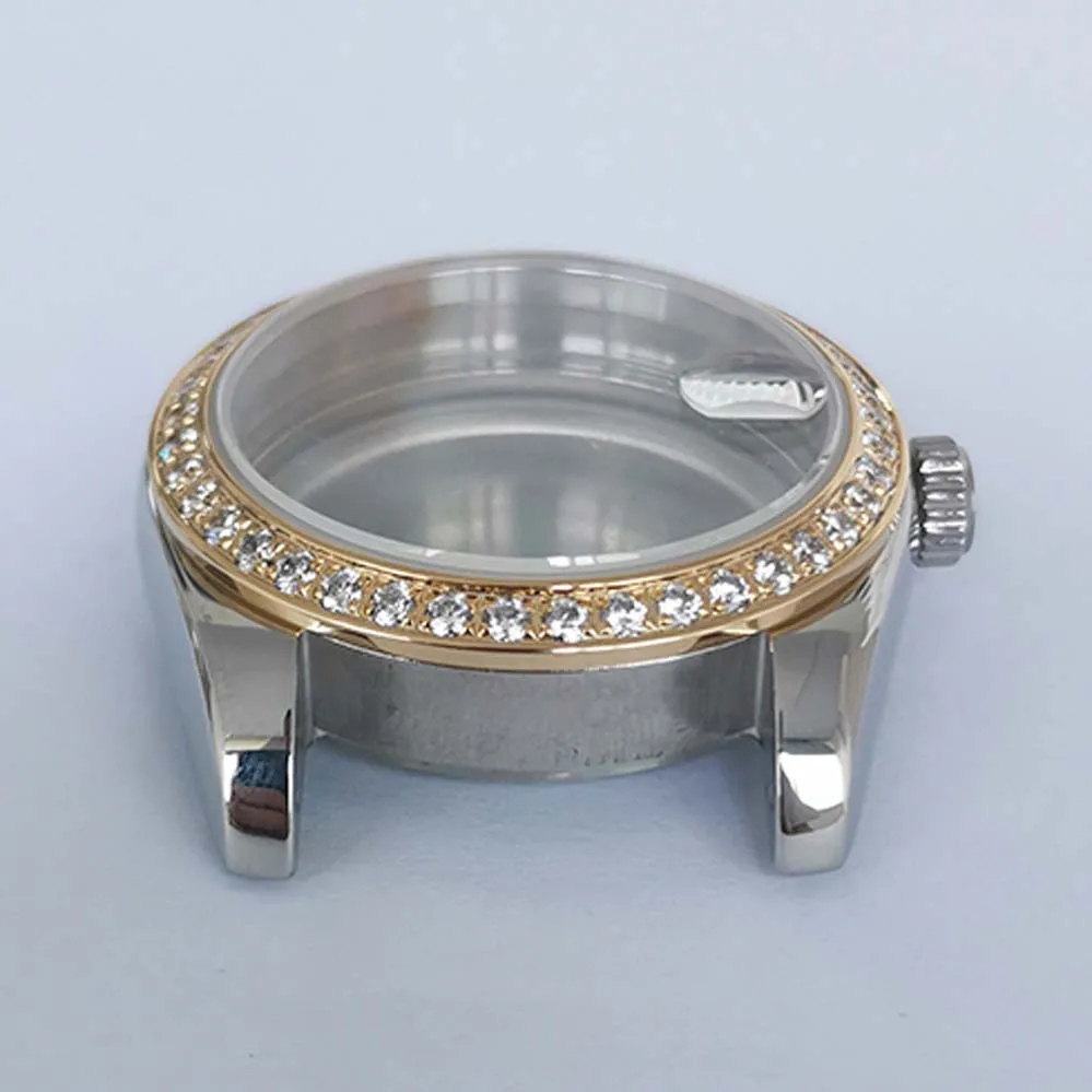 36mm case rose gold gold silver steel transparent back sapphire glass diamond bezel NH35/36 movement watch MOD NH35 case dial