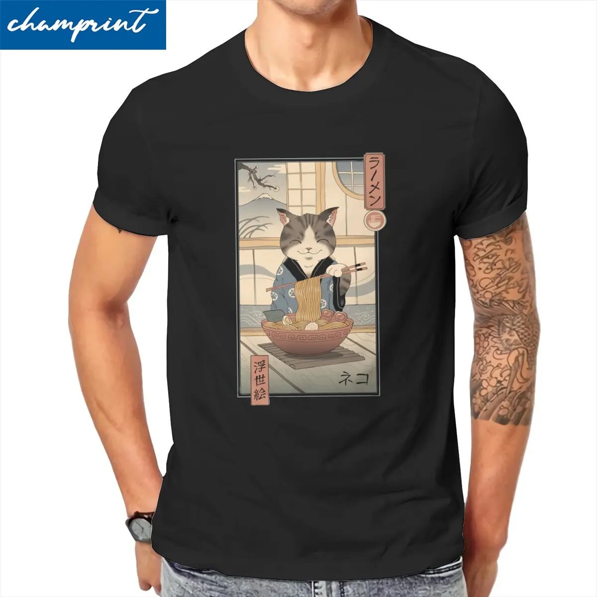 

Neko Ramen Ukiyoe T Shirts for Men Cotton Casual T-Shirts Round Collar Anime Tee Shirt Short Sleeve Clothing Plus Size