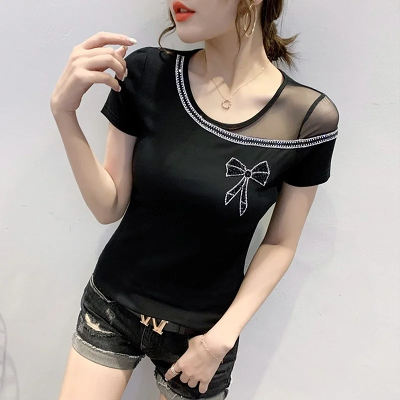 

#6055 Black Red Green Spliced Mesh Short Sleeve T Shirt Women Diamonds Sexy Casual Skinny T Shirt Female O-neck Cotton Summer