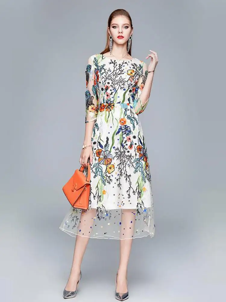 

Embroidered Floral Dress Women O Neck Slim Lace Mesh Three Quarter Elegant Evening Party Fashion Multicolor Vestidos De Mujer
