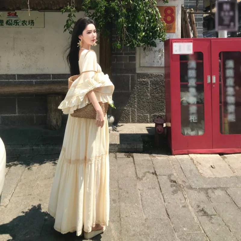 Фото Новое элегантное платье с квадратным вырезом, рукавами-трубами и широким подолом, бежевое, в богемном стиле, повседневное, пляжное, длинное, женское, Vestidos №2