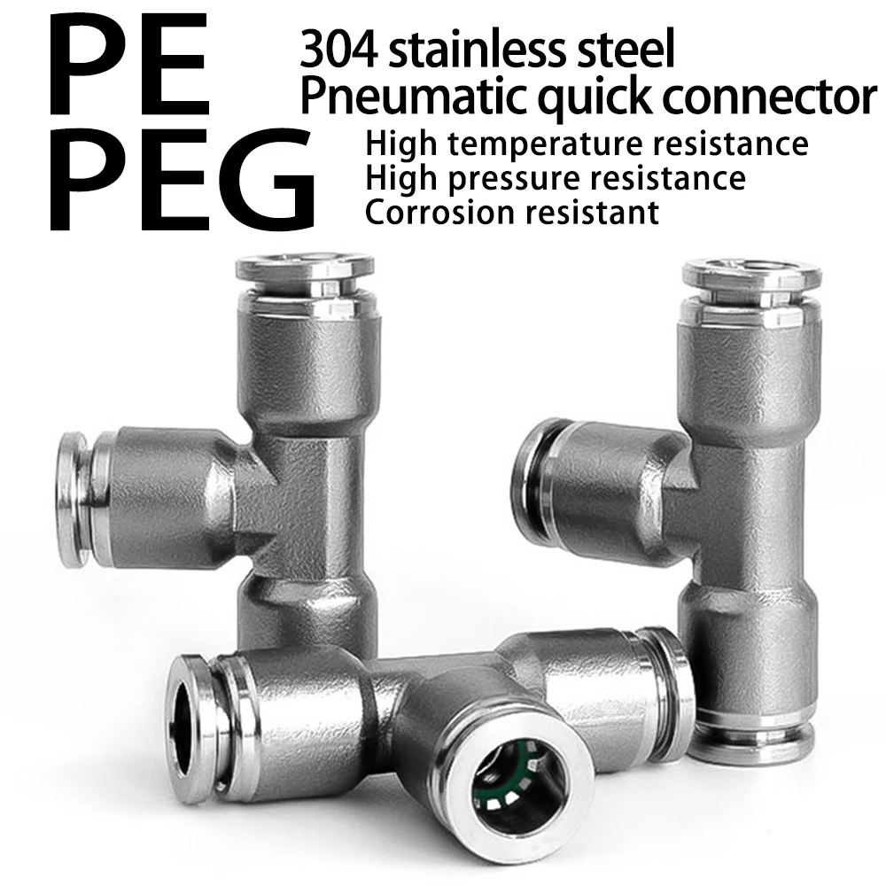 

PE PEG 304 Stainless Steel Quick Connector Pipe Hose 4 6 8 10 12 14 16mm T type Tee Reducing High Pressure Resistant PE-8